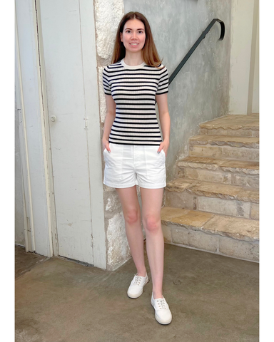 Alita Stripe Short Sleeve Kint Top in Ivory + Lapis