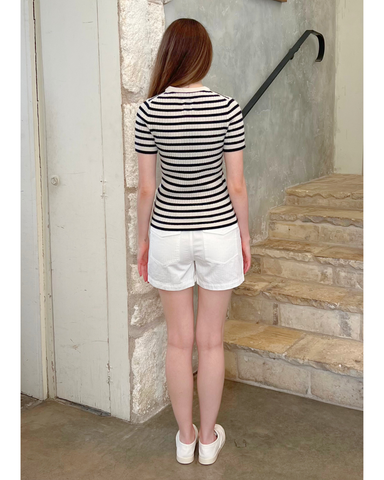 Alita Stripe Short Sleeve Kint Top in Ivory + Lapis