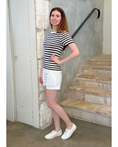 Alita Stripe Short Sleeve Kint Top in Ivory + Lapis