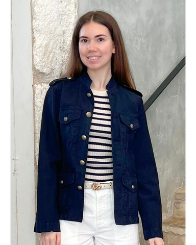 Alita Stripe Short Sleeve Kint Top in Ivory + Lapis