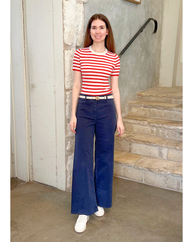 Alita Stripe Short Sleeve Kint Top in Ivory + Red
