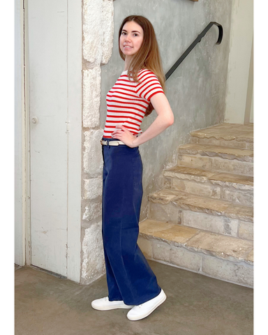 Alita Stripe Short Sleeve Kint Top in Ivory + Red
