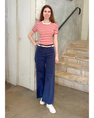 Alita Stripe Short Sleeve Kint Top in Ivory + Red