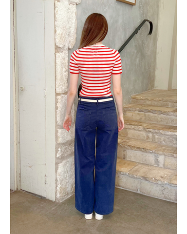 Alita Stripe Short Sleeve Kint Top in Ivory + Red