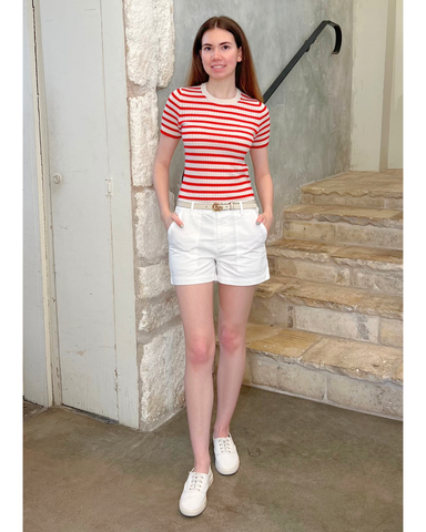 Alita Stripe Short Sleeve Kint Top in Ivory + Red