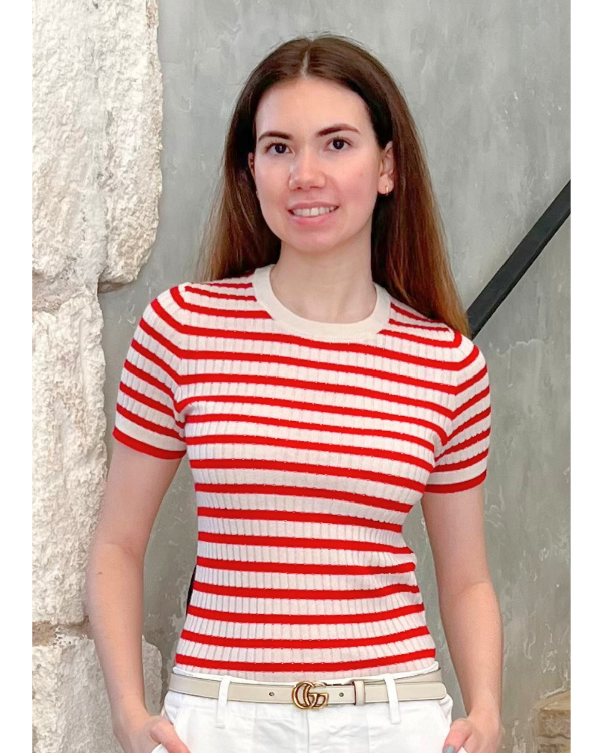 Alita Stripe Short Sleeve Kint Top in Ivory + Red