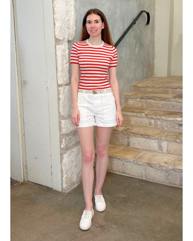 Alita Stripe Short Sleeve Kint Top in Ivory + Red