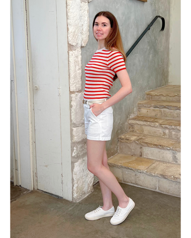 Alita Stripe Short Sleeve Kint Top in Ivory + Red