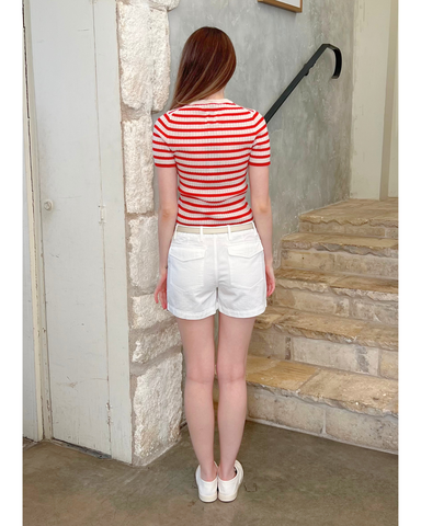 Alita Stripe Short Sleeve Kint Top in Ivory + Red
