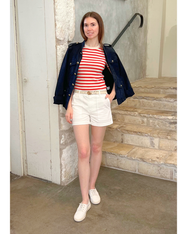Alita Stripe Short Sleeve Kint Top in Ivory + Red