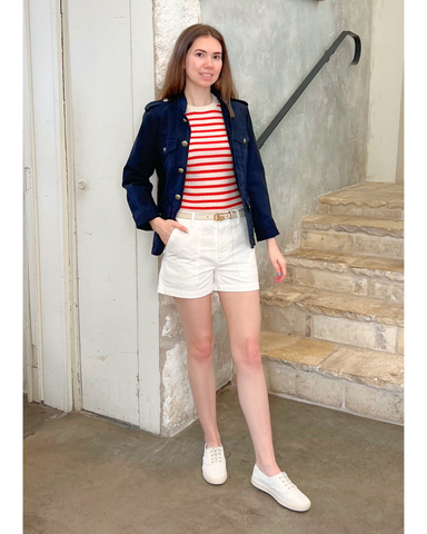 Alita Stripe Short Sleeve Kint Top in Ivory + Red