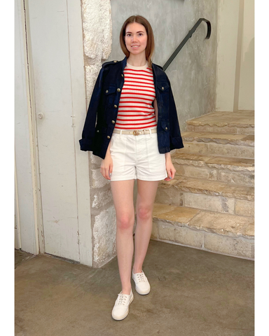Alita Stripe Short Sleeve Kint Top in Ivory + Red