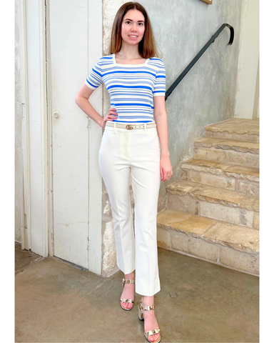 Andora Stripe Boatneck Half Sleeve Knit Top in Cloud Blue