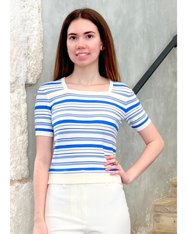 Andora Stripe Boatneck Half Sleeve Knit Top in Cloud Blue