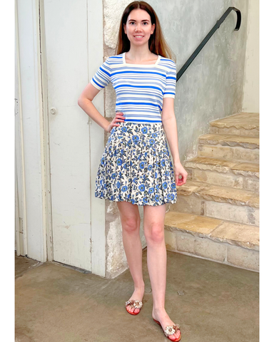 Andora Stripe Boatneck Half Sleeve Knit Top in Cloud Blue