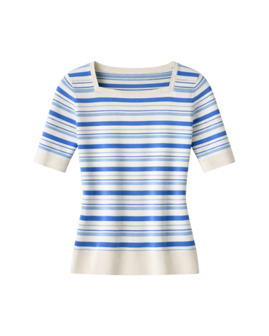 Andora Stripe Boatneck Half Sleeve Knit Top in Cloud Blue