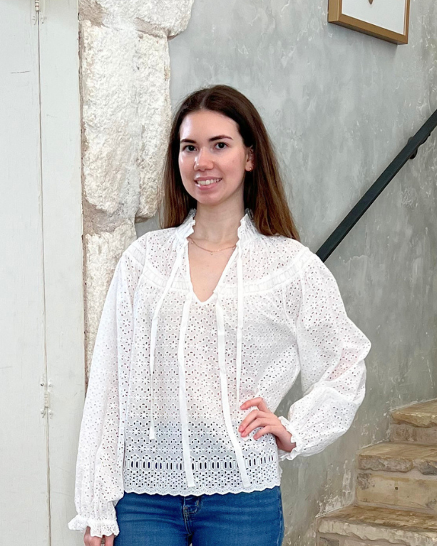 Avelie Cotton Eyelet Long Sleeve Blouse In Pristine