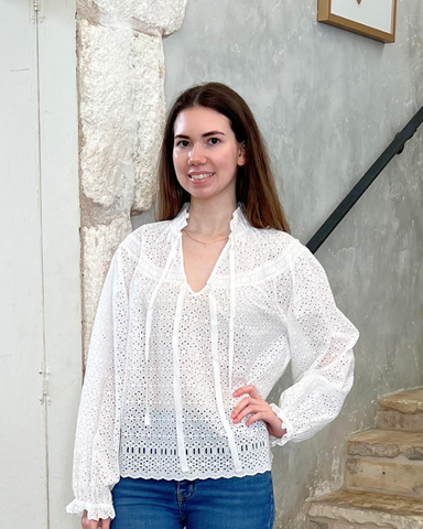 Avelie Cotton Eyelet Long Sleeve Blouse In Pristine