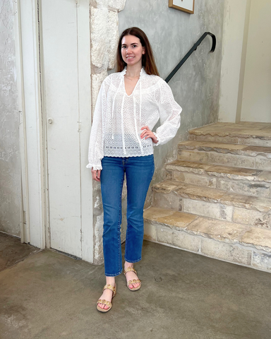 Avelie Cotton Eyelet Long Sleeve Blouse In Pristine