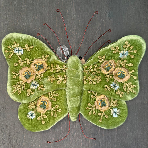 Miranda Gold Embroidered Silk Velvet Butterfly in Emerald
