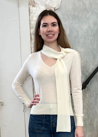 Ayla Merino Wool Tie Neck Sweater in Ivory