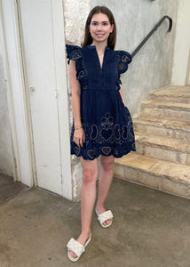 Jeanetta Eyelet Short Sleeve Tunic Dress in Navy