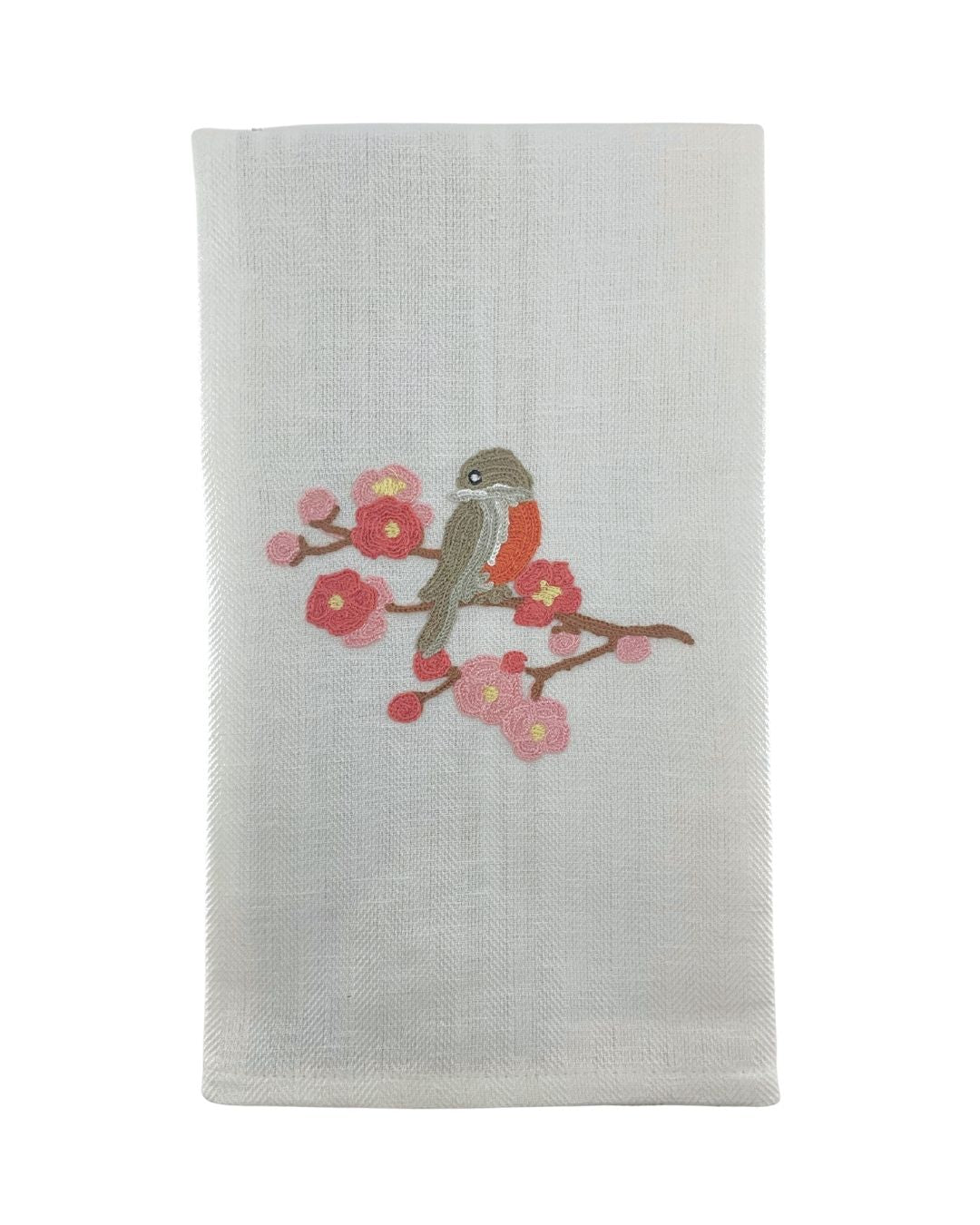Bird on Blossom Branch Due Fragole Kitchen Towel in Sand