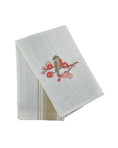 Bird on Blossom Branch Due Fragole Kitchen Towel in Sand