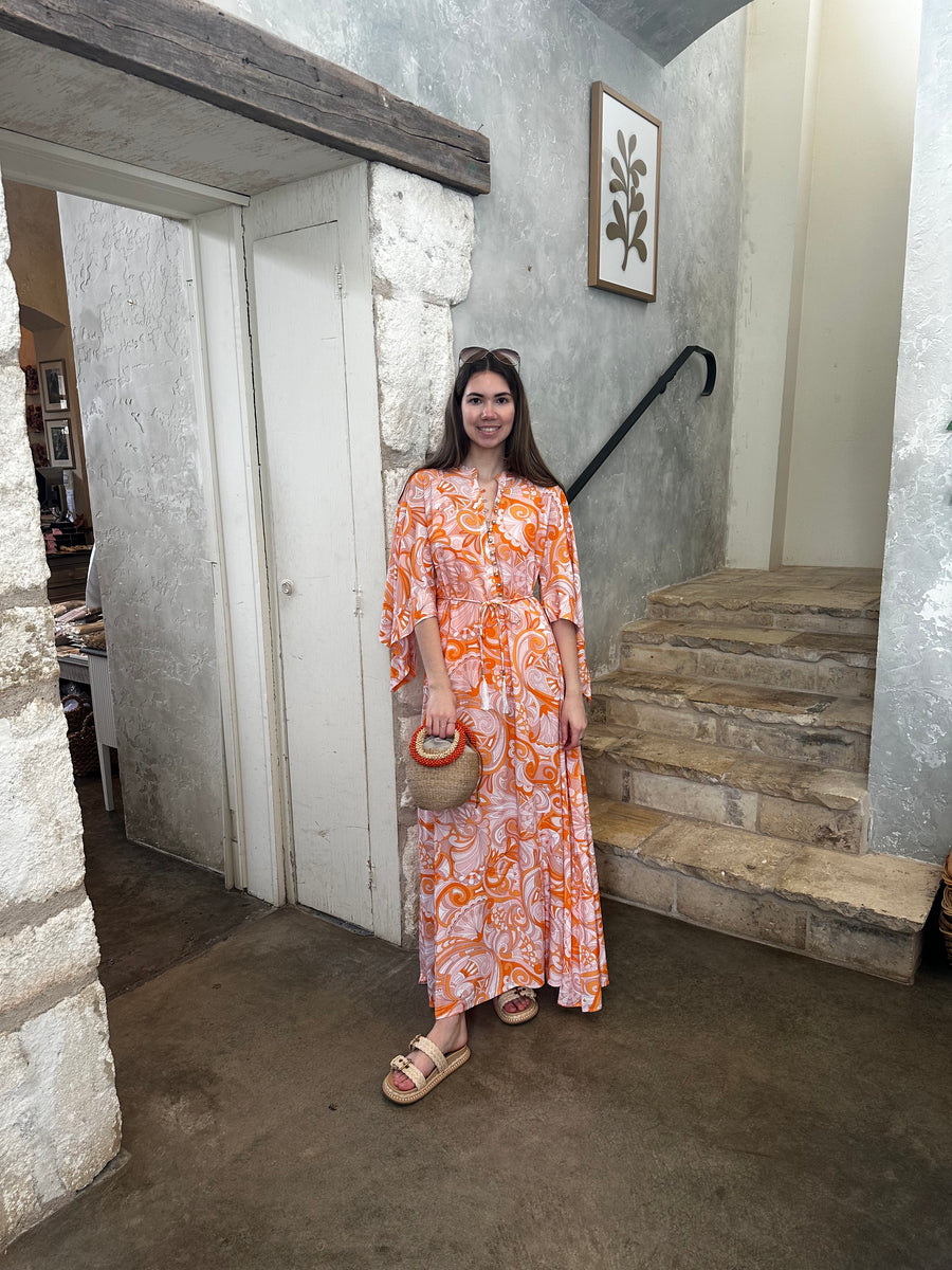 Edith Fluted Sleeve Printed Maxi Dress in Mirage Orange | European ...