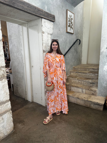 Edith Fluted Sleeve Printed Maxi Dress in Mirage Orange