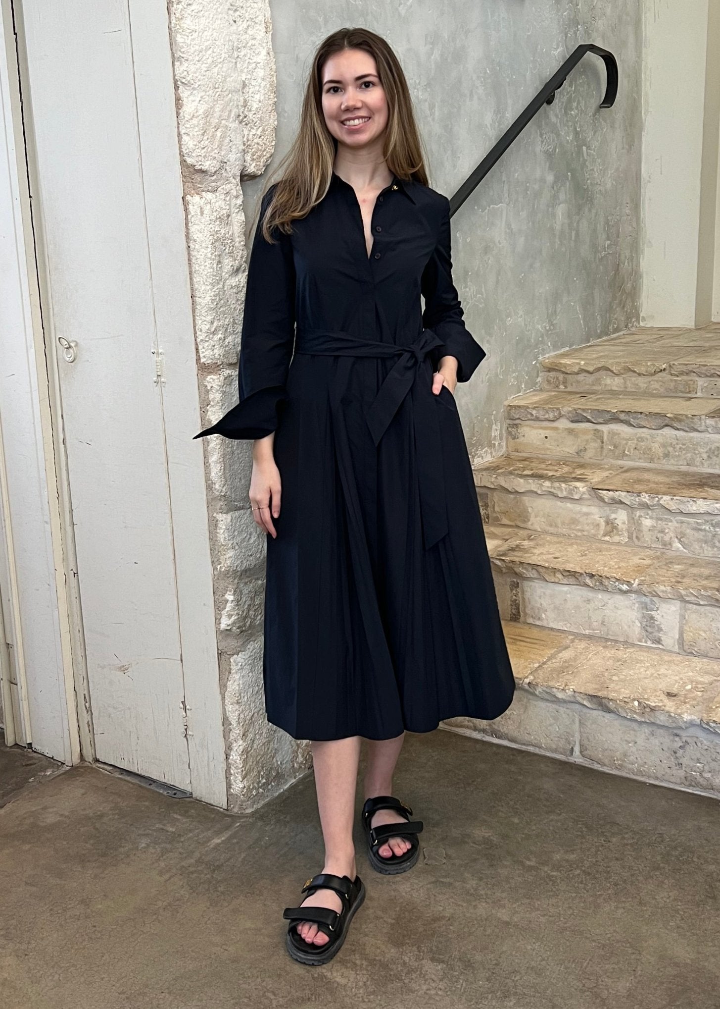 Annette LS Pleated Shirt Dress in Midnight