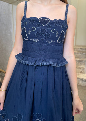 Jeanetta Eyelet Sleeveless Midi Dress in Navy