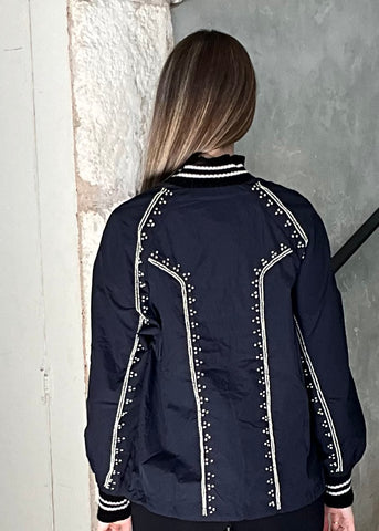 Mille Embroidered Long Sleeve Windbreaker Top in Navy