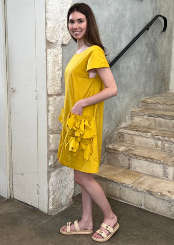 Short Sleeve Crewneck Shift Dress with 3D Flower Pockets in Marigold