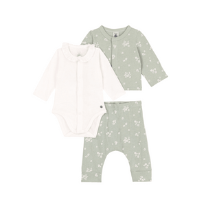 Ditsy Floral Print Cardigan, Pant + Bodysuit 3 Piece Set in Mint