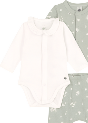 Ditsy Floral Print Cardigan, Pant + Bodysuit 3 Piece Set in Mint