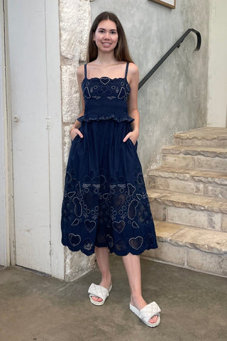 Jeanetta Eyelet Sleeveless Midi Dress in Navy