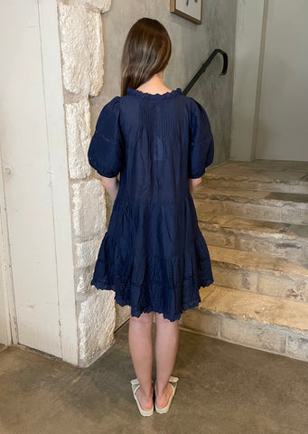 Antonina Solid Cotton Puff Sleeve Dress in Navy