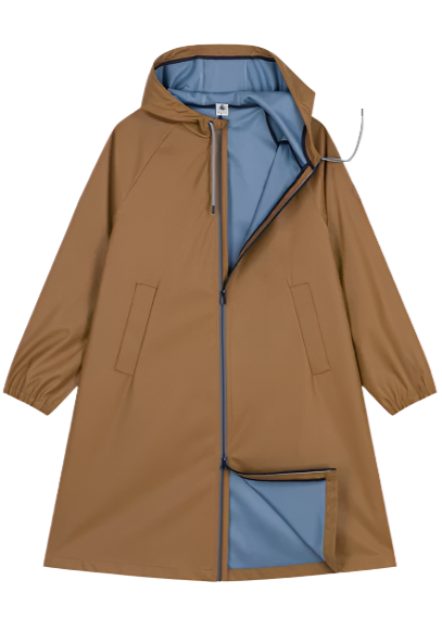 Essential Hooded Raincoat in Camel + Blue - Colored Interior