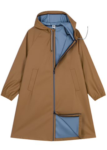 Essential Hooded Raincoat in Camel + Blue - Colored Interior