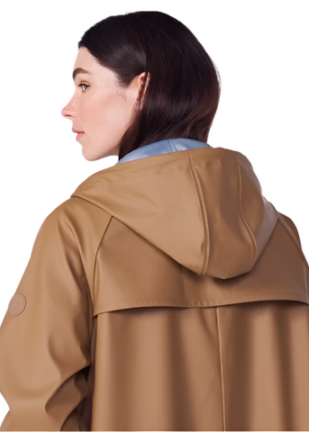 Essential Hooded Raincoat in Camel + Blue - Colored Interior