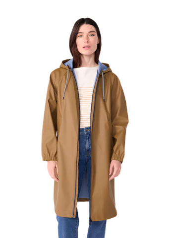 Essential Hooded Raincoat in Camel + Blue - Colored Interior