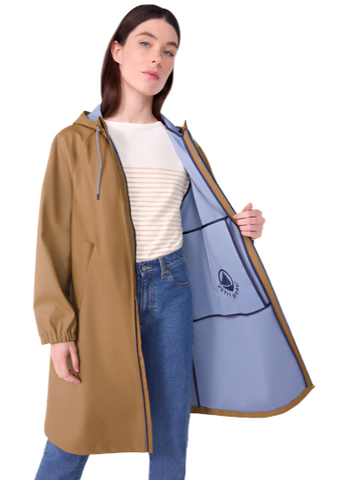 Essential Hooded Raincoat in Camel + Blue - Colored Interior