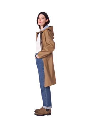 Essential Hooded Raincoat in Camel + Blue - Colored Interior