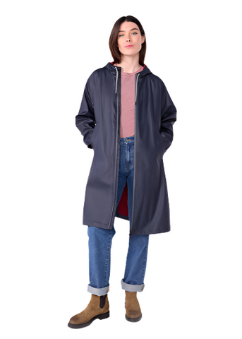 Essential Hooded Raincoat in Navy + Red - Colored Interior