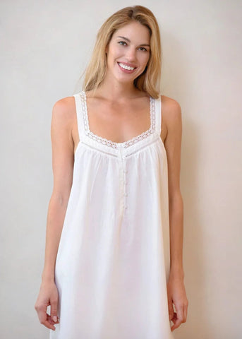 Hazel Scoop Neck Button Front Lace Sleeveless Long Nightgown In White