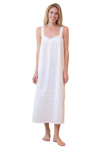 Hazel Scoop Neck Button Front Lace Sleeveless Long Nightgown In White