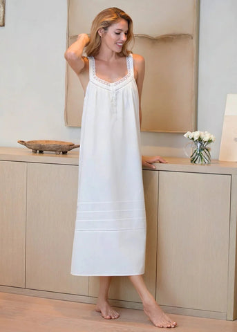 Hazel Scoop Neck Button Front Lace Sleeveless Long Nightgown In White