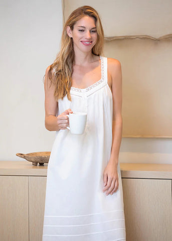 Hazel Scoop Neck Button Front Lace Sleeveless Long Nightgown In White