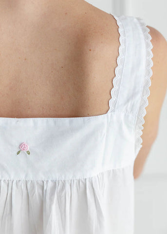Margot Embroidered Rosebud Gathered Sleeveless Nightgown in White